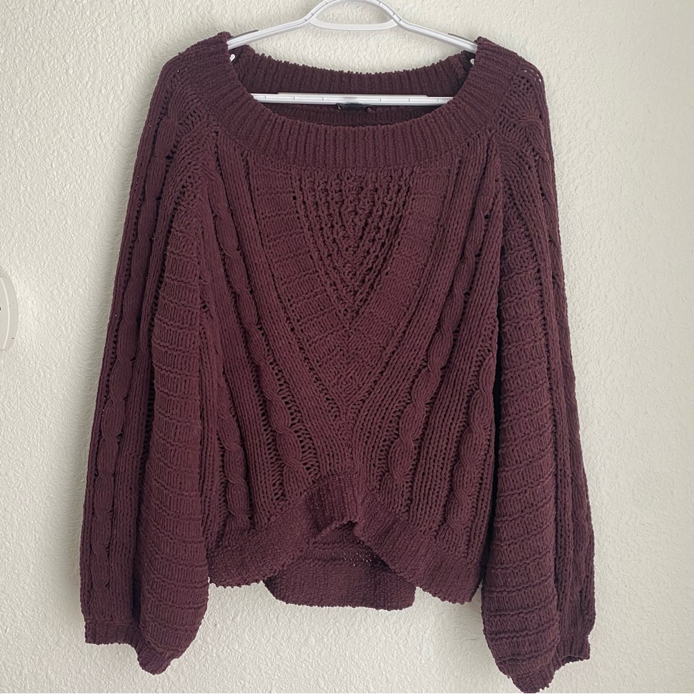 Express burgundy wine purple open knit cozy sweater with balloon sleeves size S